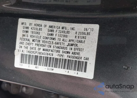 2014 Honda Accord Lx из США, поврежденный, VIN 1HGCR2F38EA006406